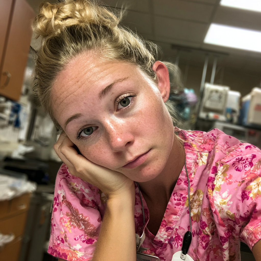 A close up of an exhausted nurse | Source: Midjourney