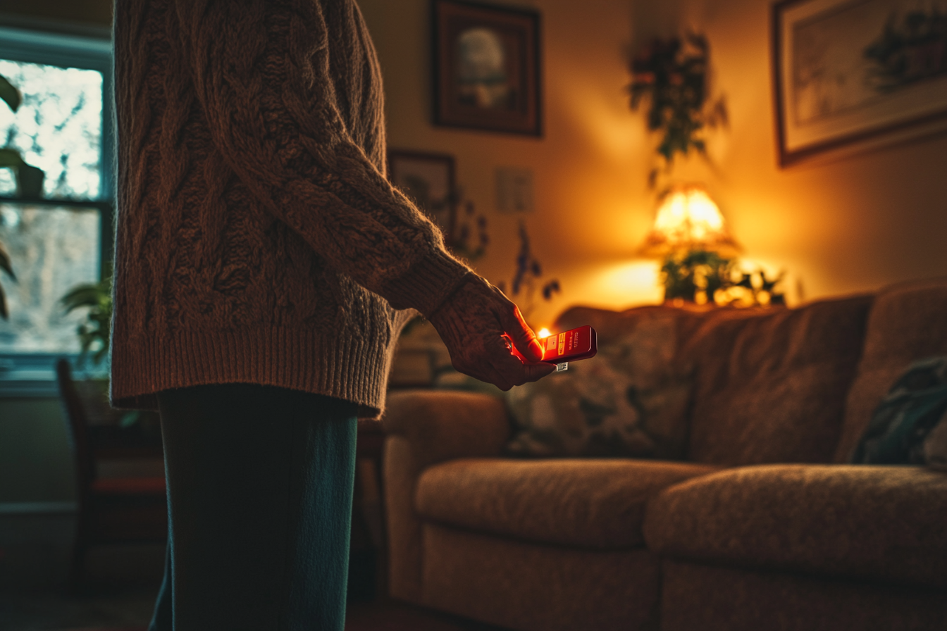 Woman in her 50s holding prescription anti-allergen medication in the living room | Source: Midjourney