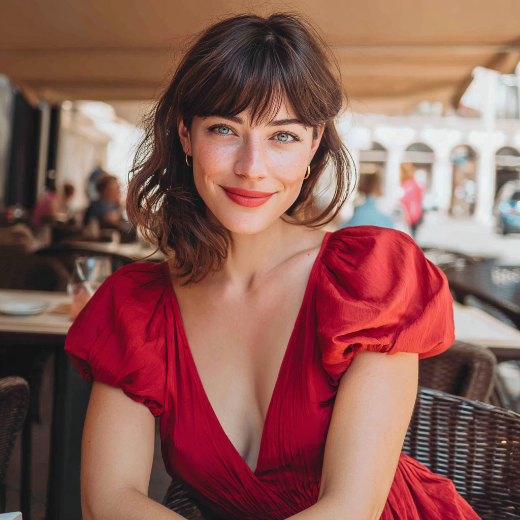 A smiling woman sitting at a café | Source: Midjourney