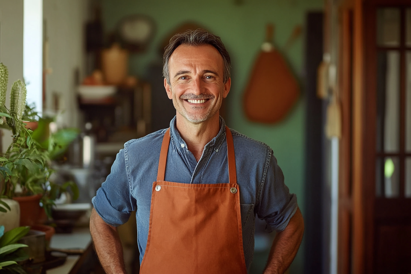 A smiling man wearing an apron | Source: Midjourney