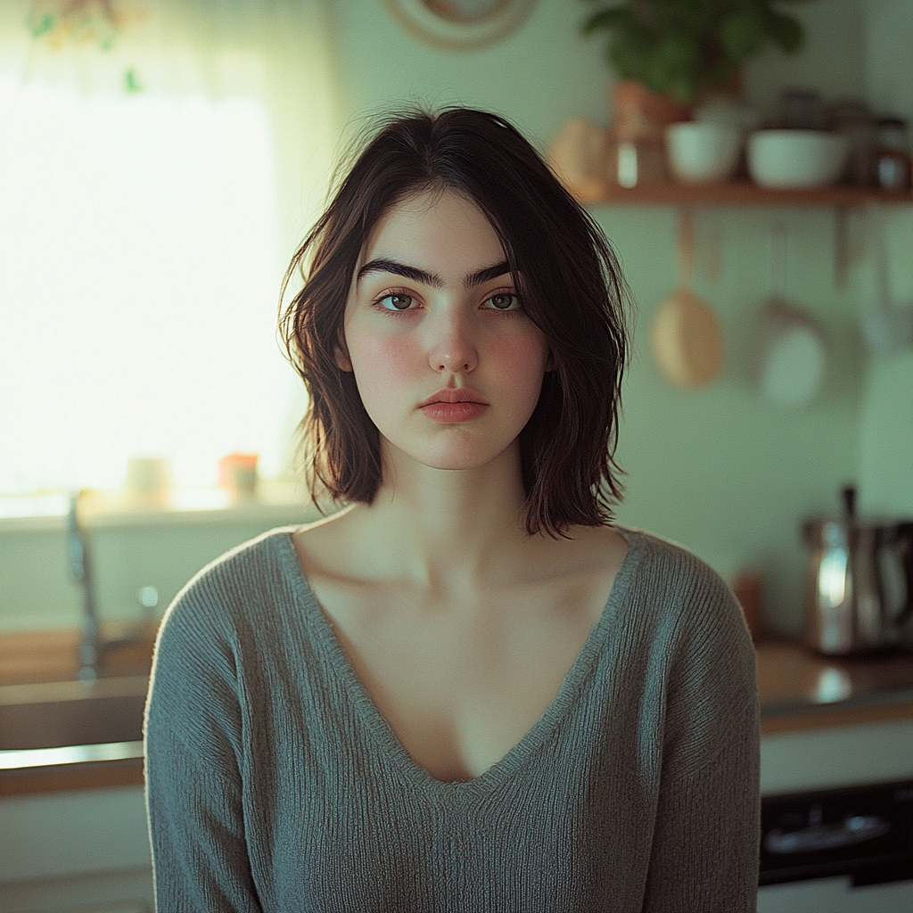 A woman standing in her kitchen, looking straight ahead | Source: Midjourney