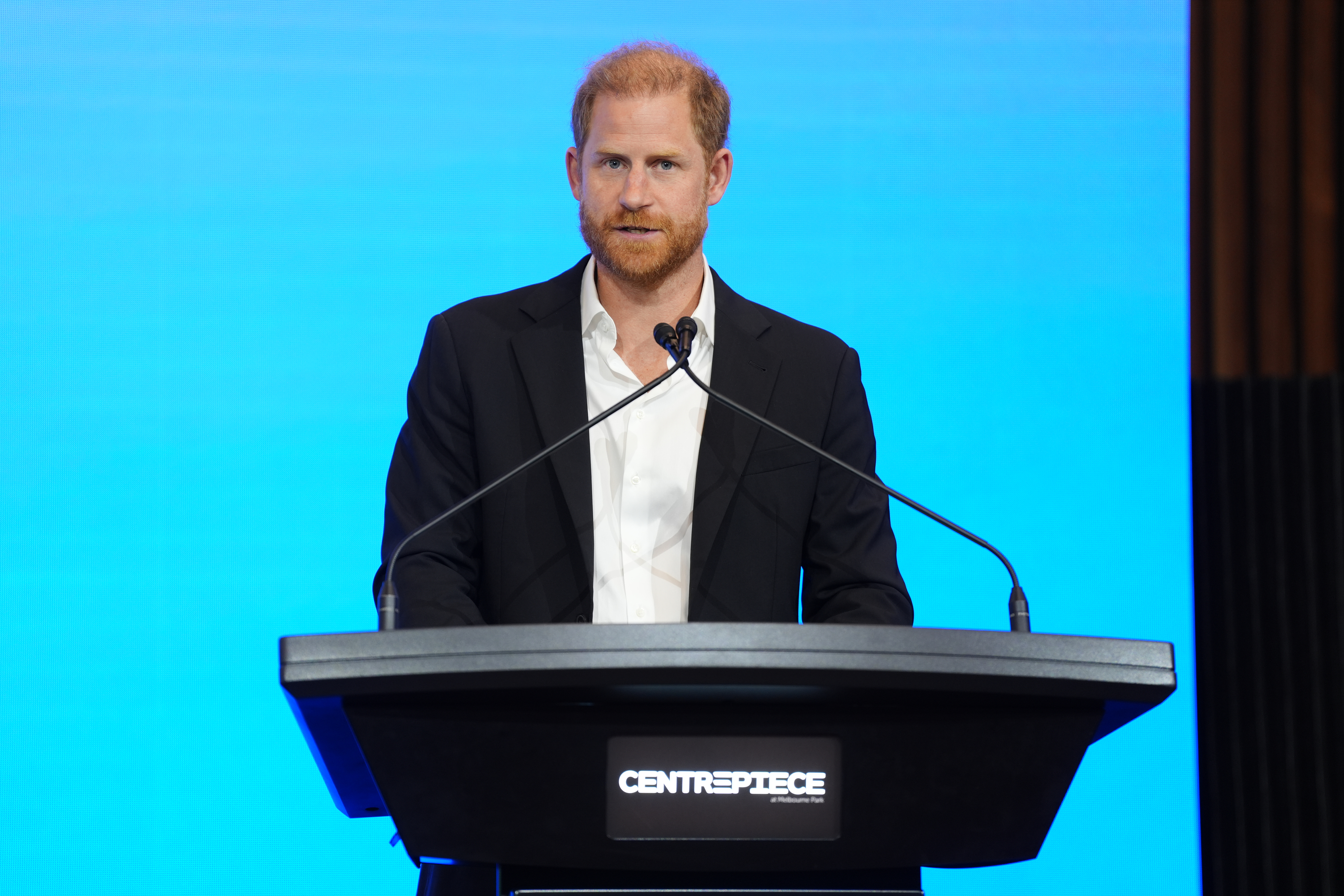Prince Harry, Duke of Sussex delivers the keynote speech at the InterEdge Summit on day three of the royal trip at Centrepiece in Melbourne Park on April 16, 2026 in Melbourne, Australia. | Source: Getty Images