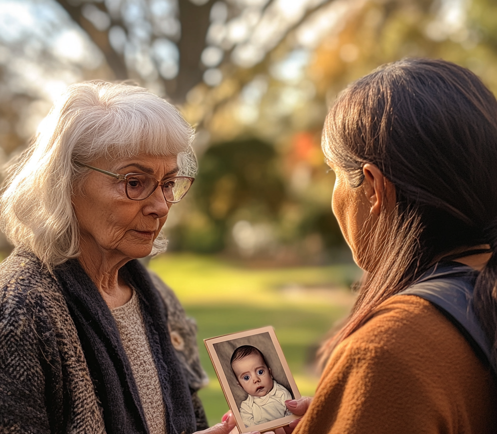 senior woman in the park showing an old photo of a newborn to a 40-year-old woman | Source: Midjourney