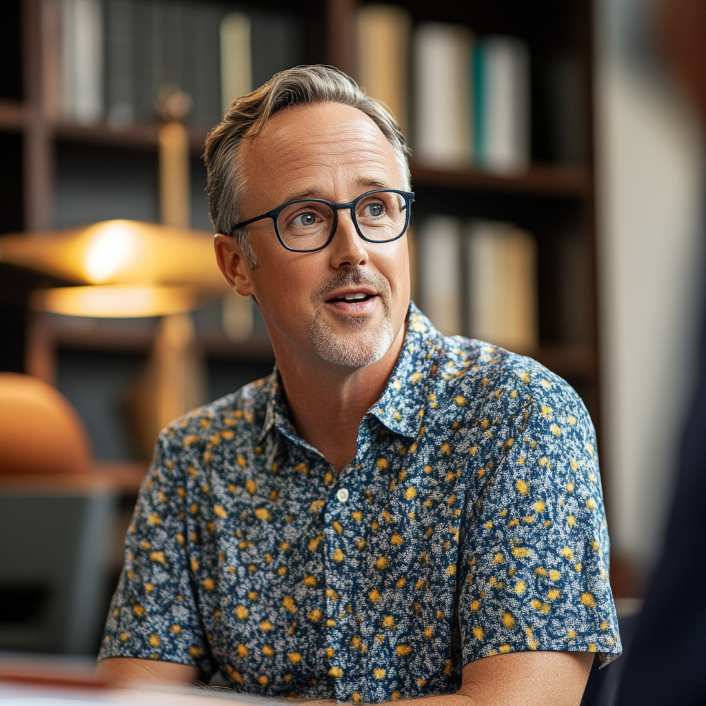 A man talking to someone in a lawyer's office | Source: Midjourney