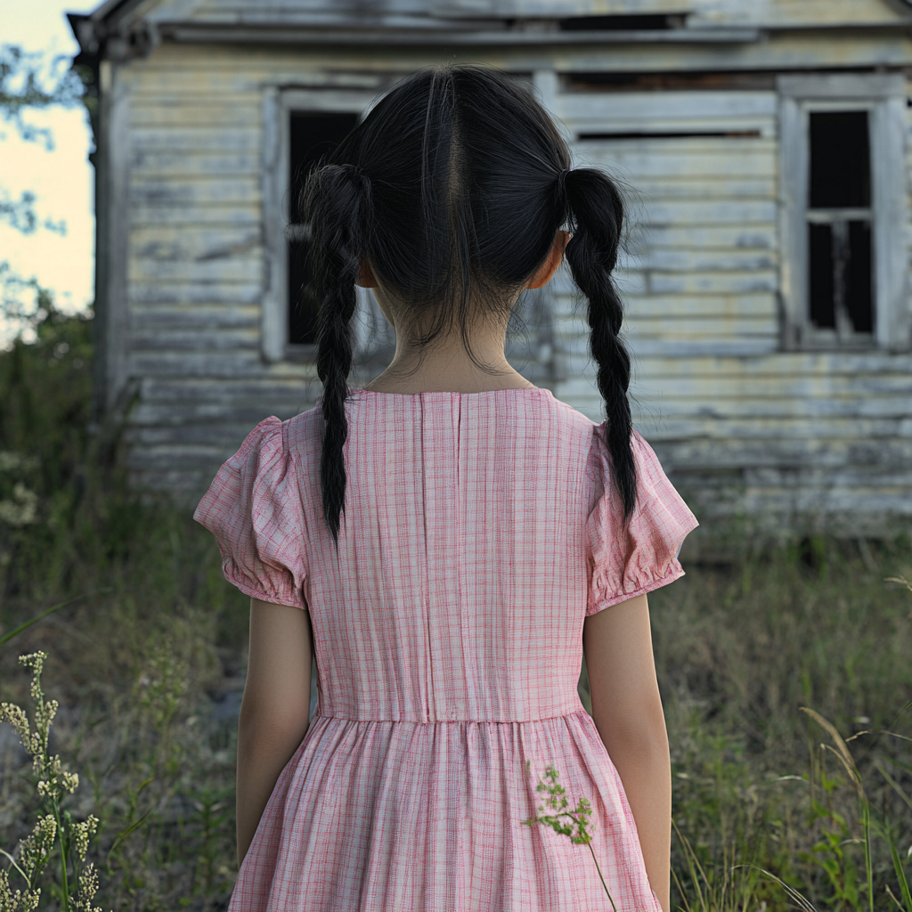 A girl standing outside an abandoned house | Source: Midjourney