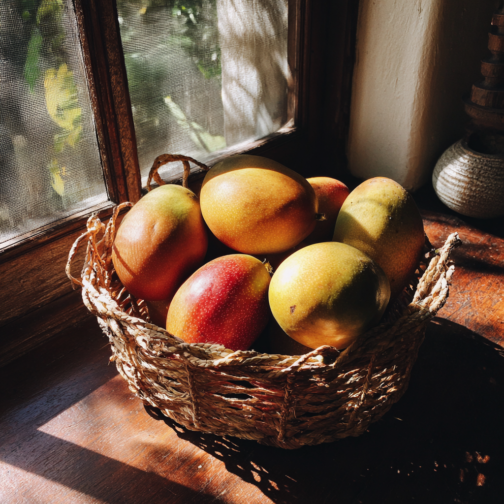 A basket of fresh mangoes | Source: Midjourney