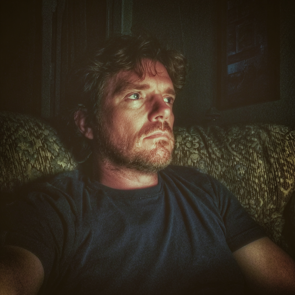 A man sitting on a couch at night | Source: Midjourney