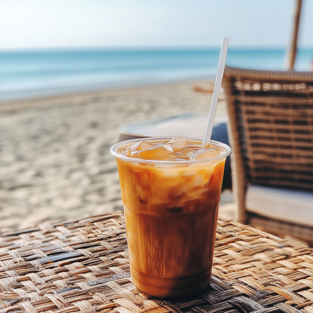 An iced coffee on a wicker table | Source: Midjourney