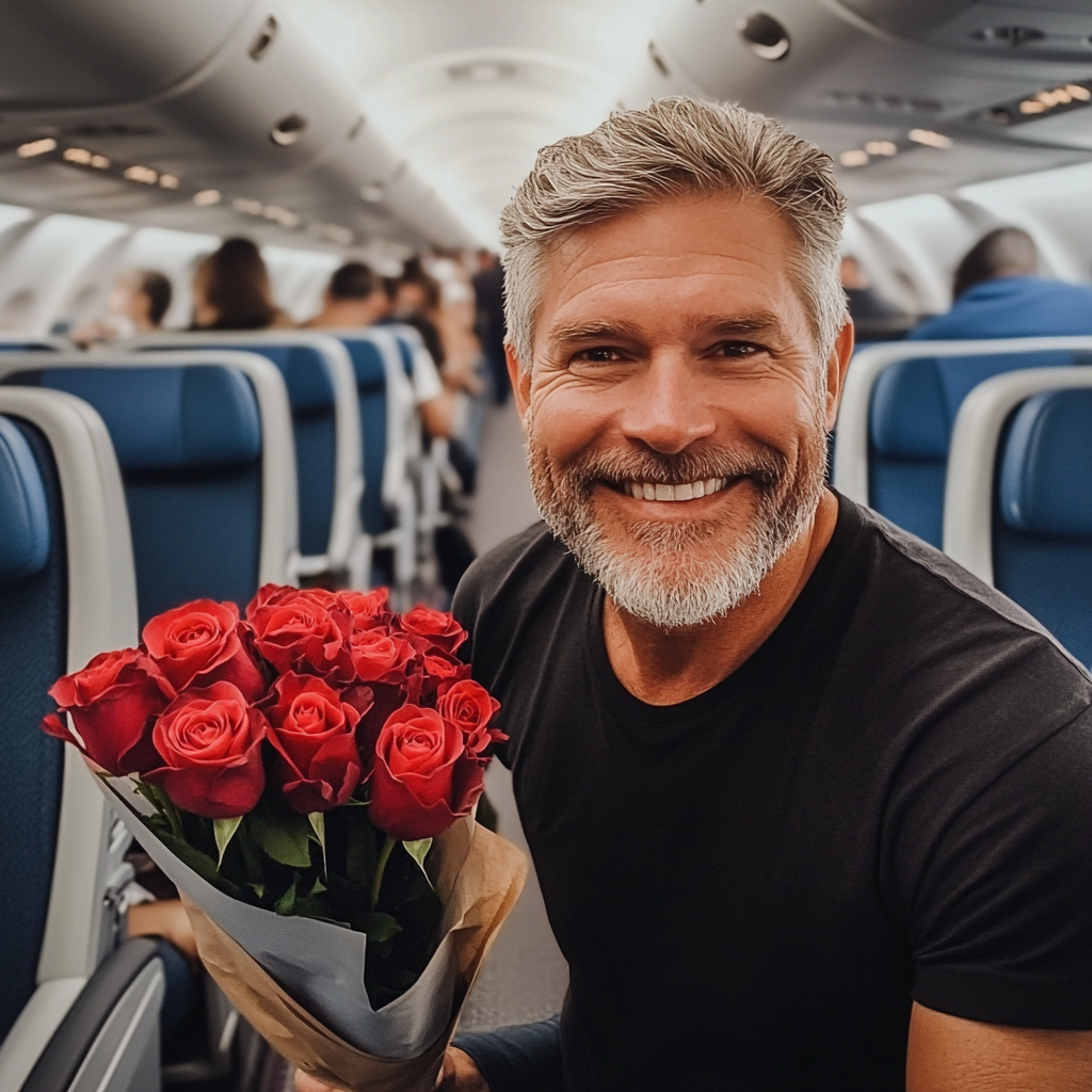 Flight Attendant Woke Me Up & Told Me to Check My Husband's Bag While He Was Away — I Never Expected What I Found 9 A smiling man holding a bouquet of roses in an airplane | Source: Midjourney