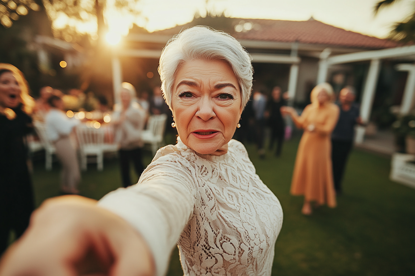 Une femme âgée bouleversée montre du doigt | Source : Midjourney