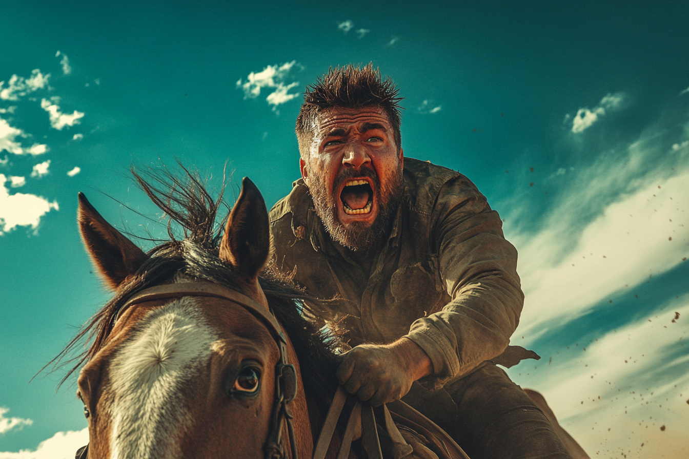 Man looking scared riding a horse | Source: Midjourney