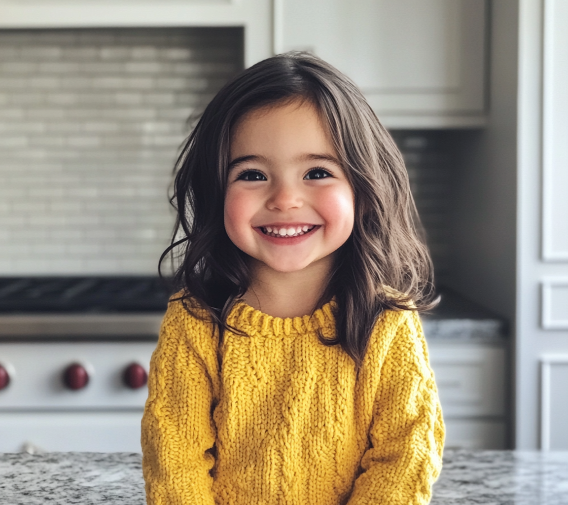 A smiling little girl sitting on a kitchen counter | Source: Midjourney