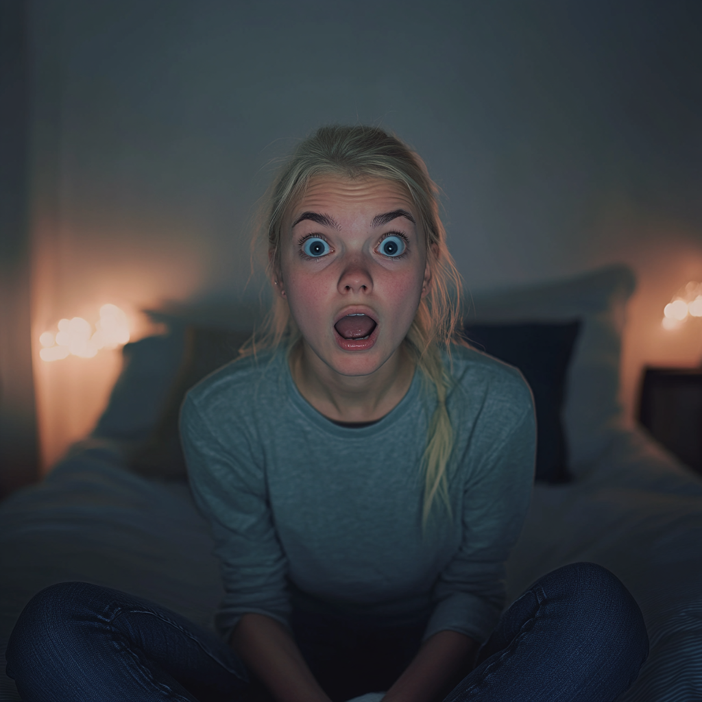 A shocked scared young woman | Source: Midjourney