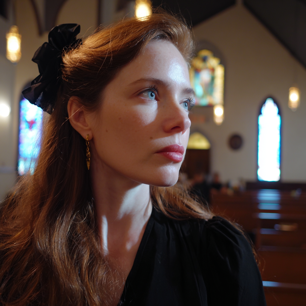 A close-up of a woman standing in a church wearing a black dress | Source: Midjourney
