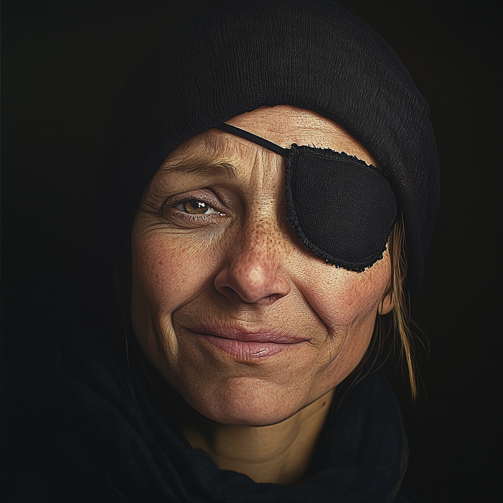 A sad middle-aged woman with a black fabric patch covering her left eye | Source: Midjourney