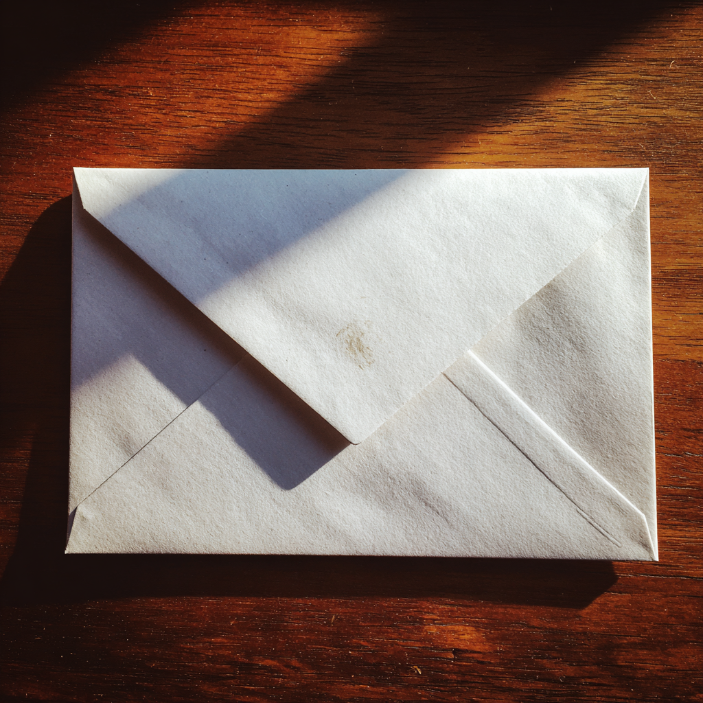A white envelope on a table | Source: Midjourney