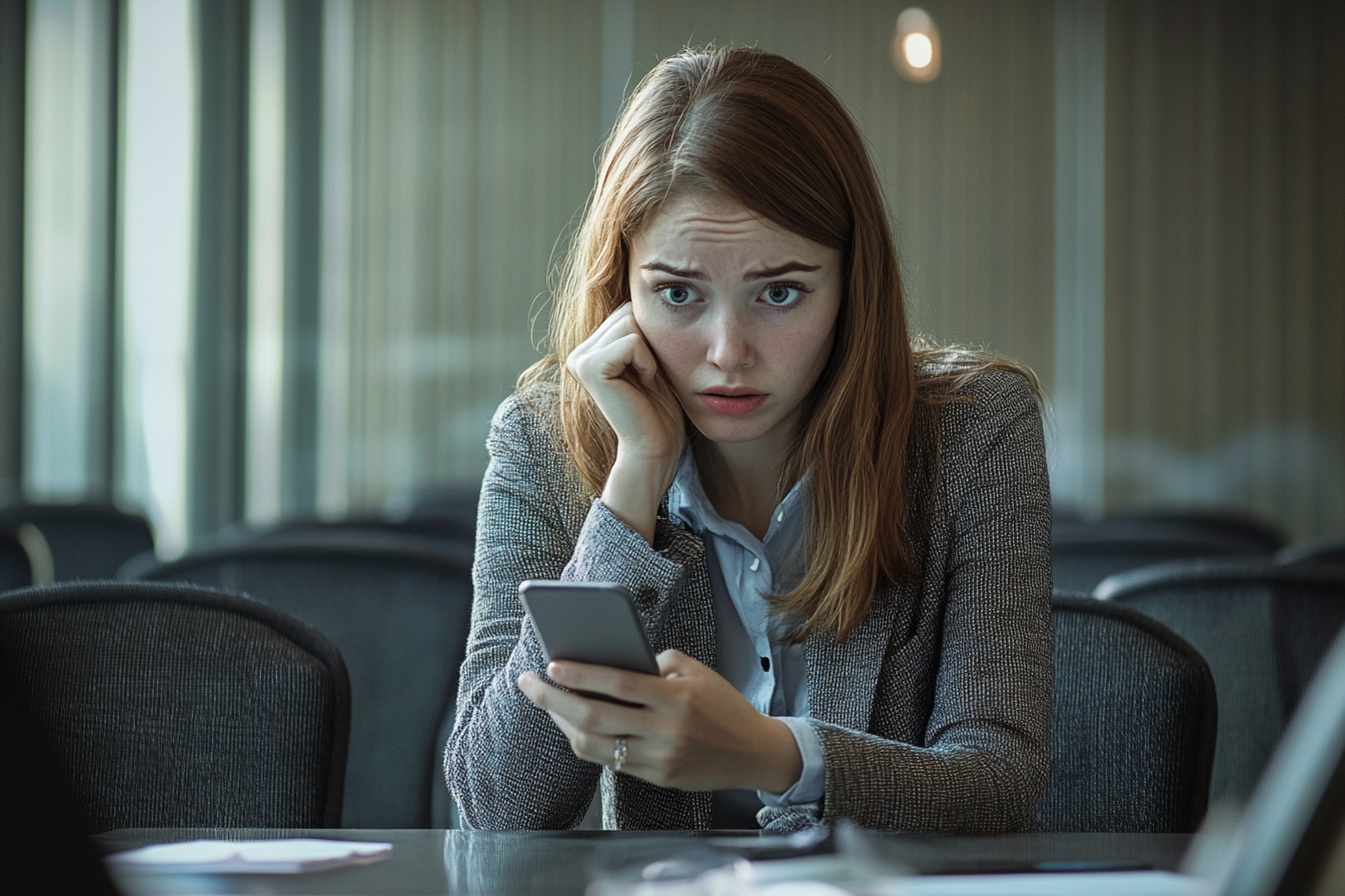 A worried woman staring at her cell phone | Source: Midjourney