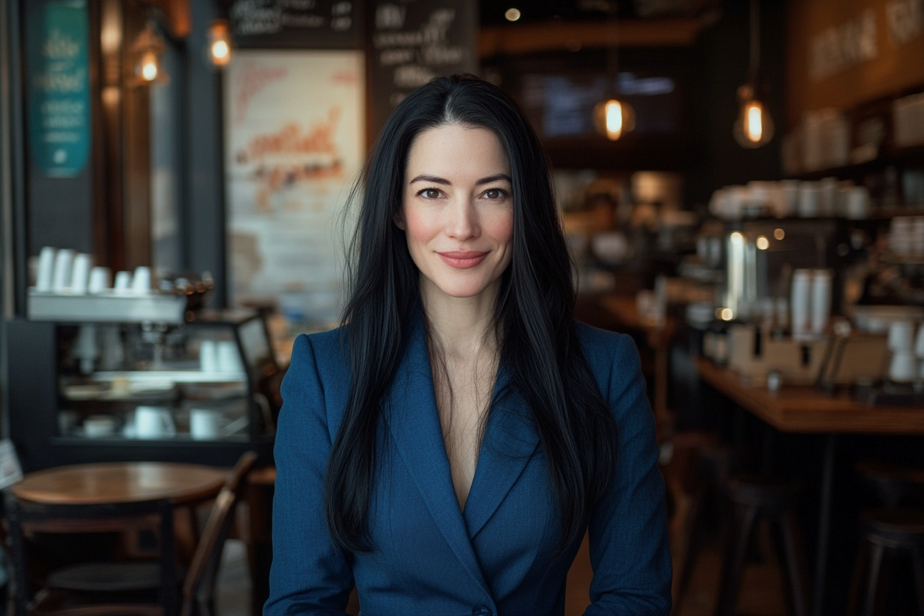 A woman in a coffee shop, smiling | Source: Midjourney