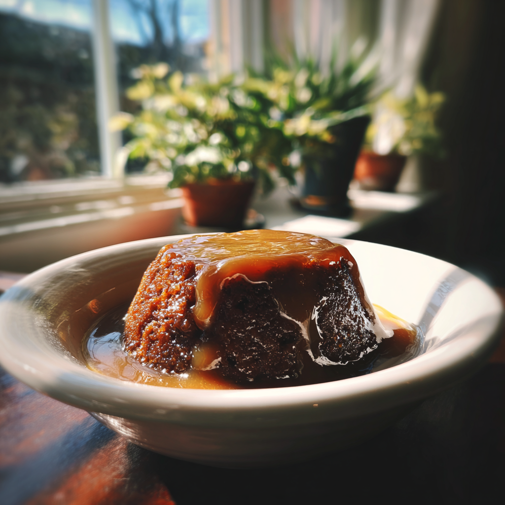 A bowl of sticky toffee pudding | Source: Midjourney