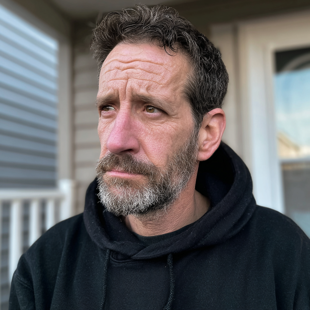 An emotional and haggard man standing outside | Source: Midjourney
