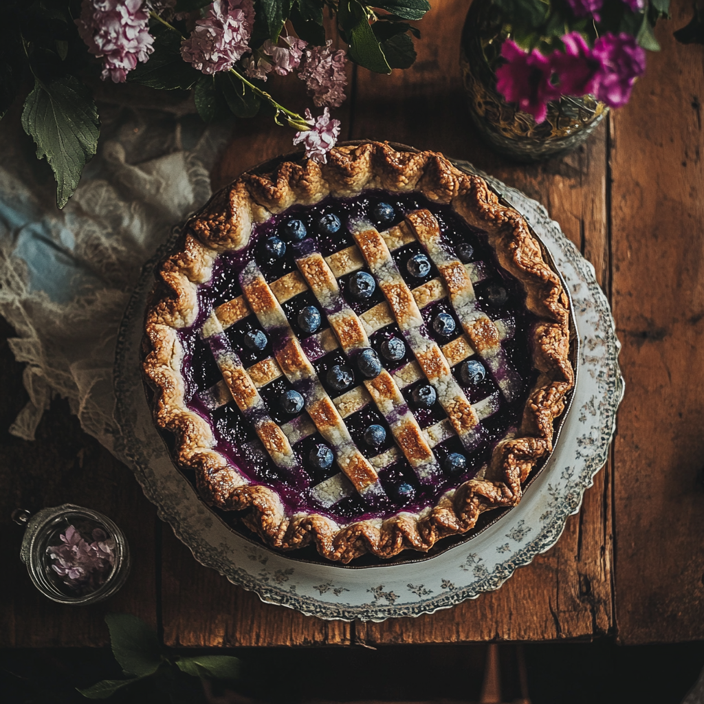 A blueberry pie on a table | Source: Midjourney