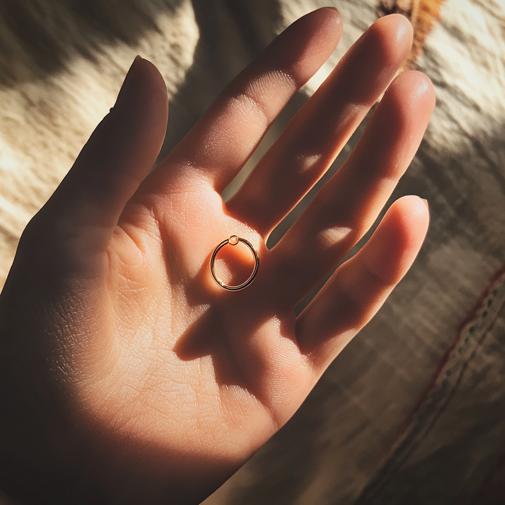 A gold earring in a woman's palm | Source: Midjourney