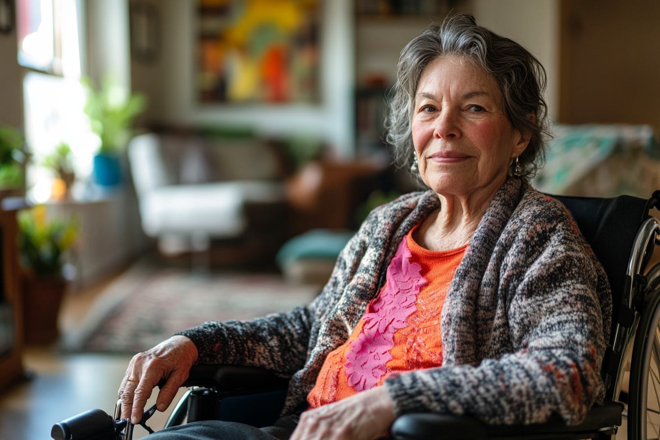 A woman in a wheelchair in a living room | Source: Midjourney