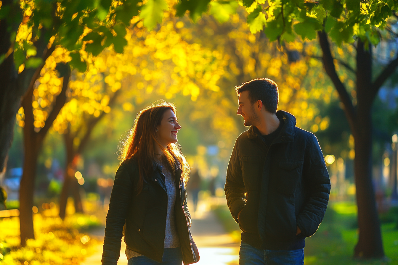 A happy couple walking in a park | Source: Midjourney