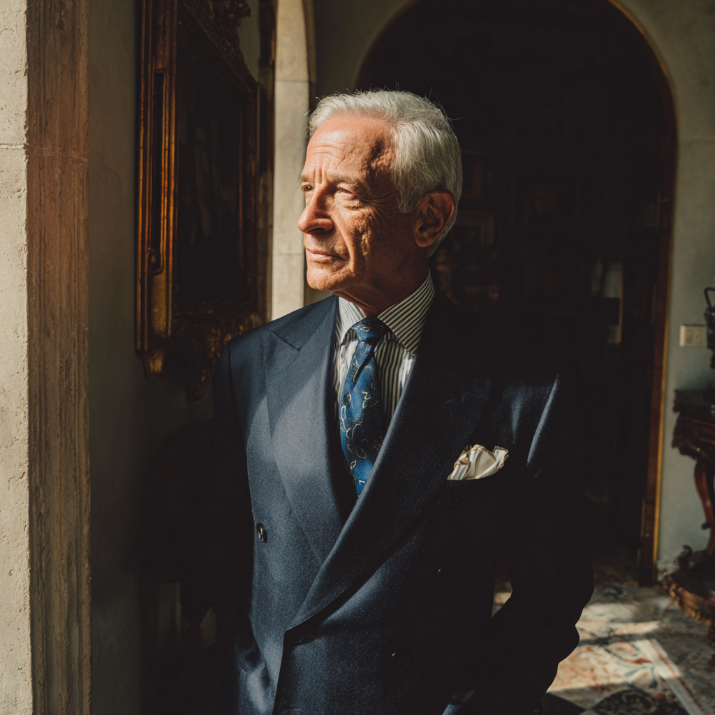 A pensive old man wearing a navy suit | Source: Midjourney
