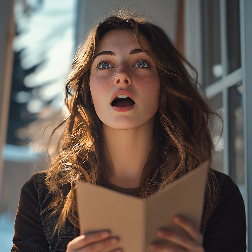 A shocked woman holding a piece of paper | Source: Midjourney