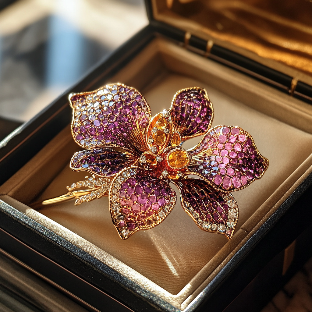 A stunning orchid brooch in a box | Source: Midjourney