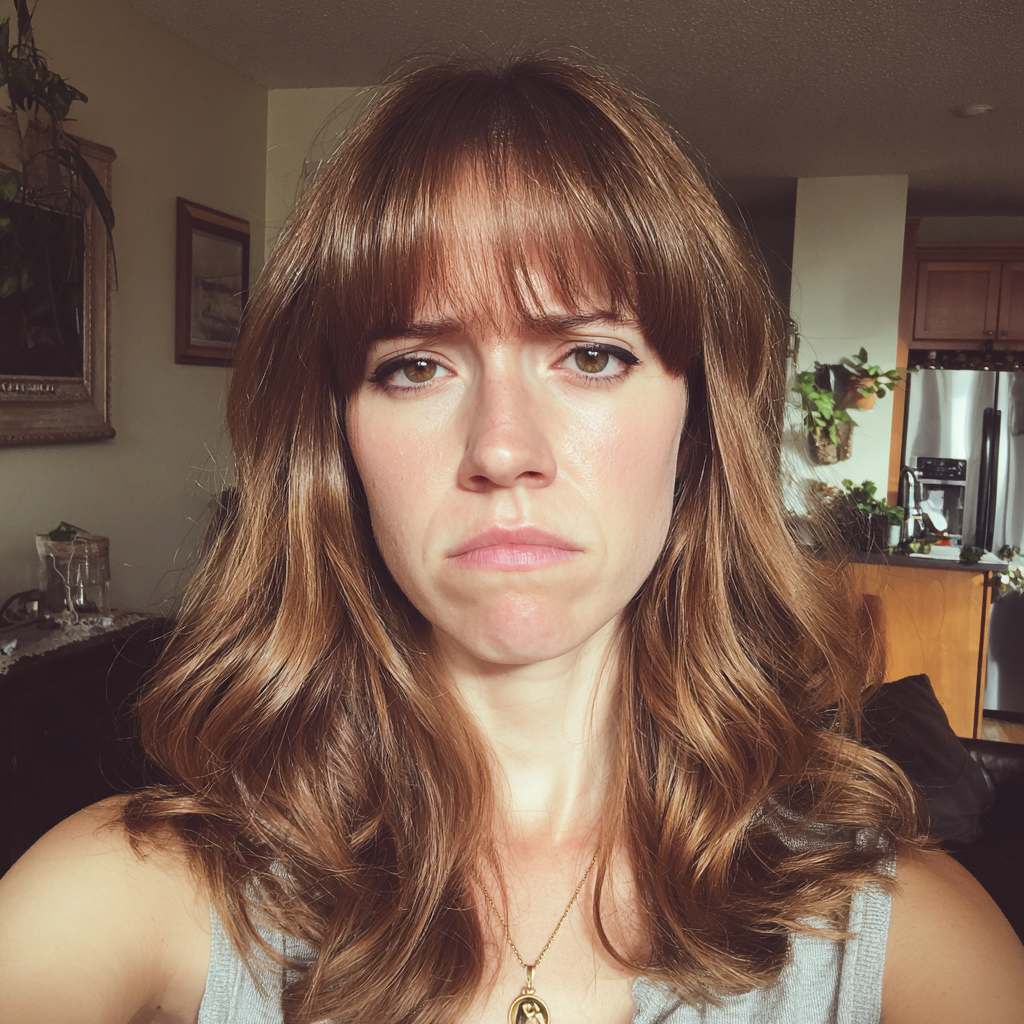 A frowning woman standing in a living room | Source: Midjourney