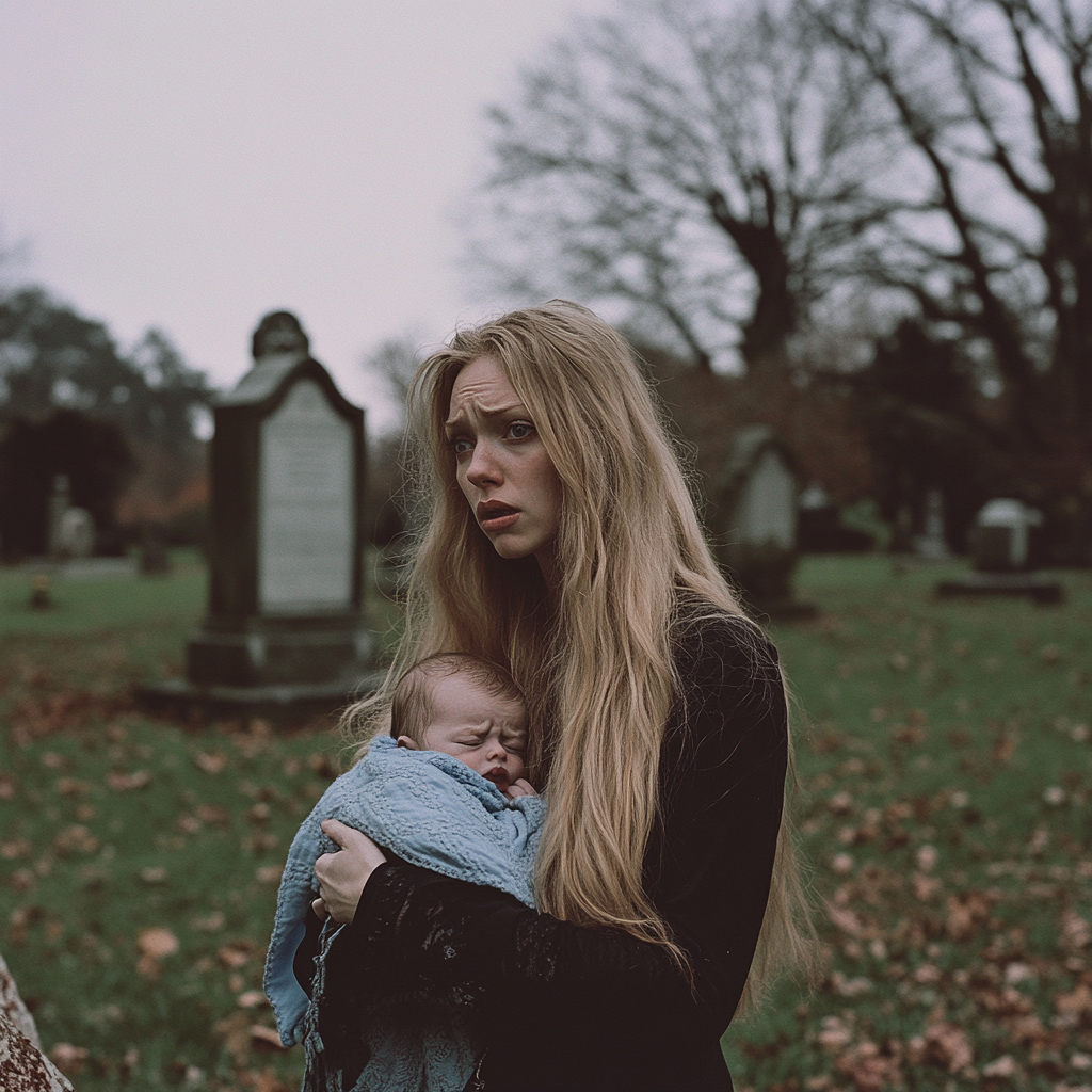 An upset woman at a cemetery | Source: Midjourney