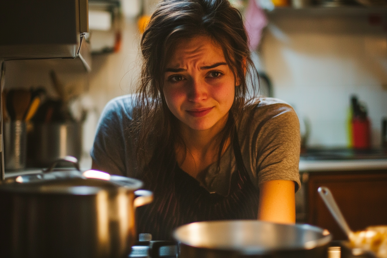 A woman in a kitchen looking worried | Source: Midjourney