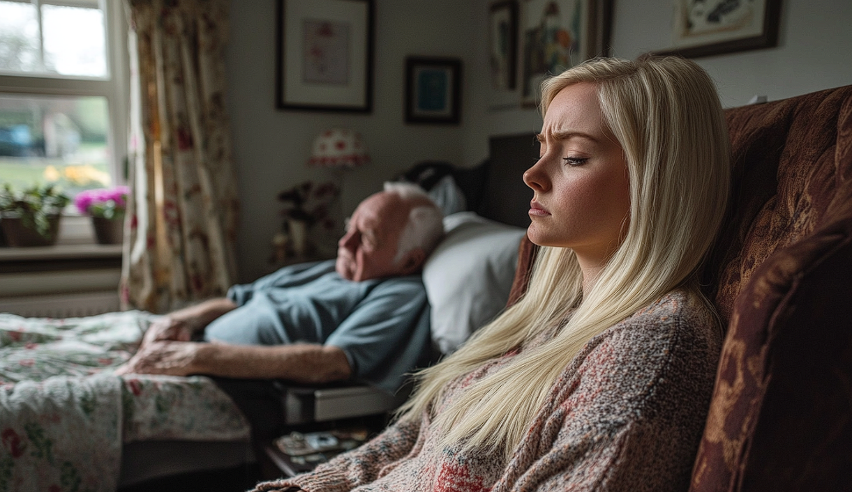 A worried woman sitting at her grandfather's bedside | Source: Midjourney