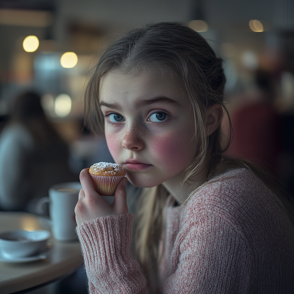 A teenage girl eating a muffin while sitting in a small café | Source: Midjourney