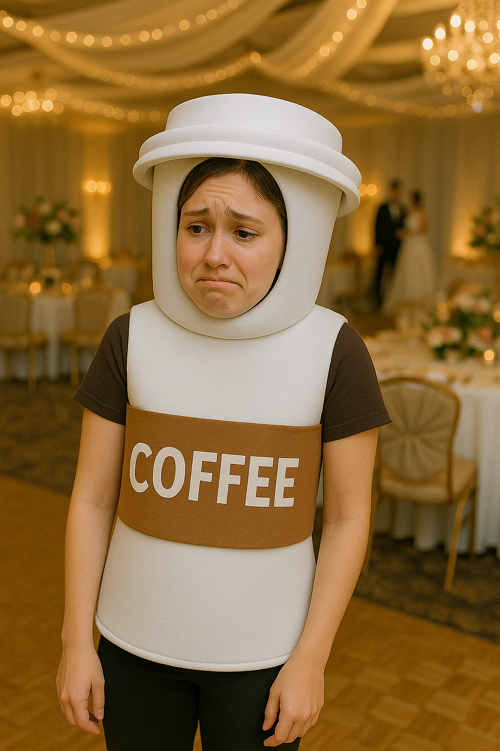 A woman wearing a foam coffee cup costume at a wedding reception | Source: DALL-E
