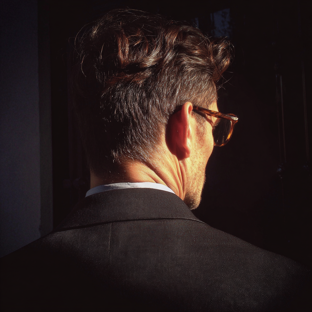 The rear view of a man wearing a black suit | Source: Midjourney