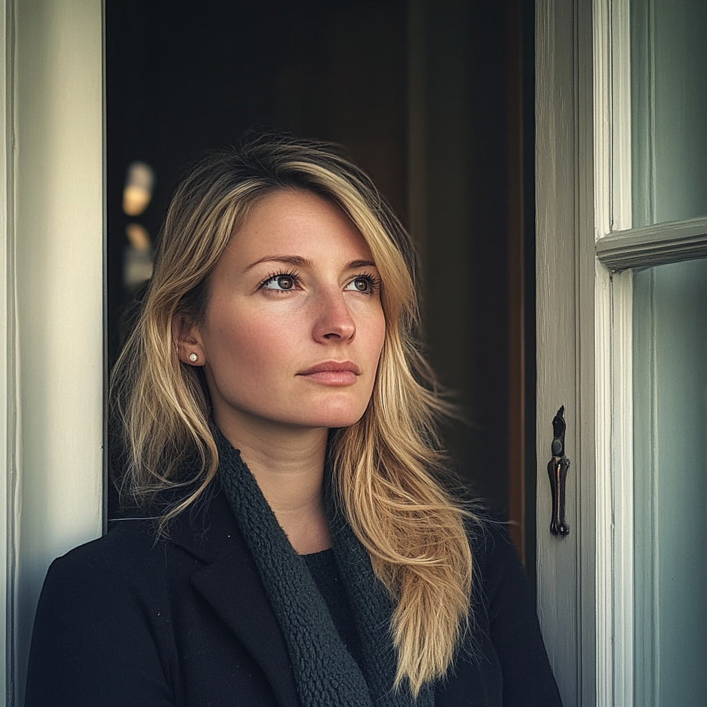 A woman standing at her door | Source: Midjourney