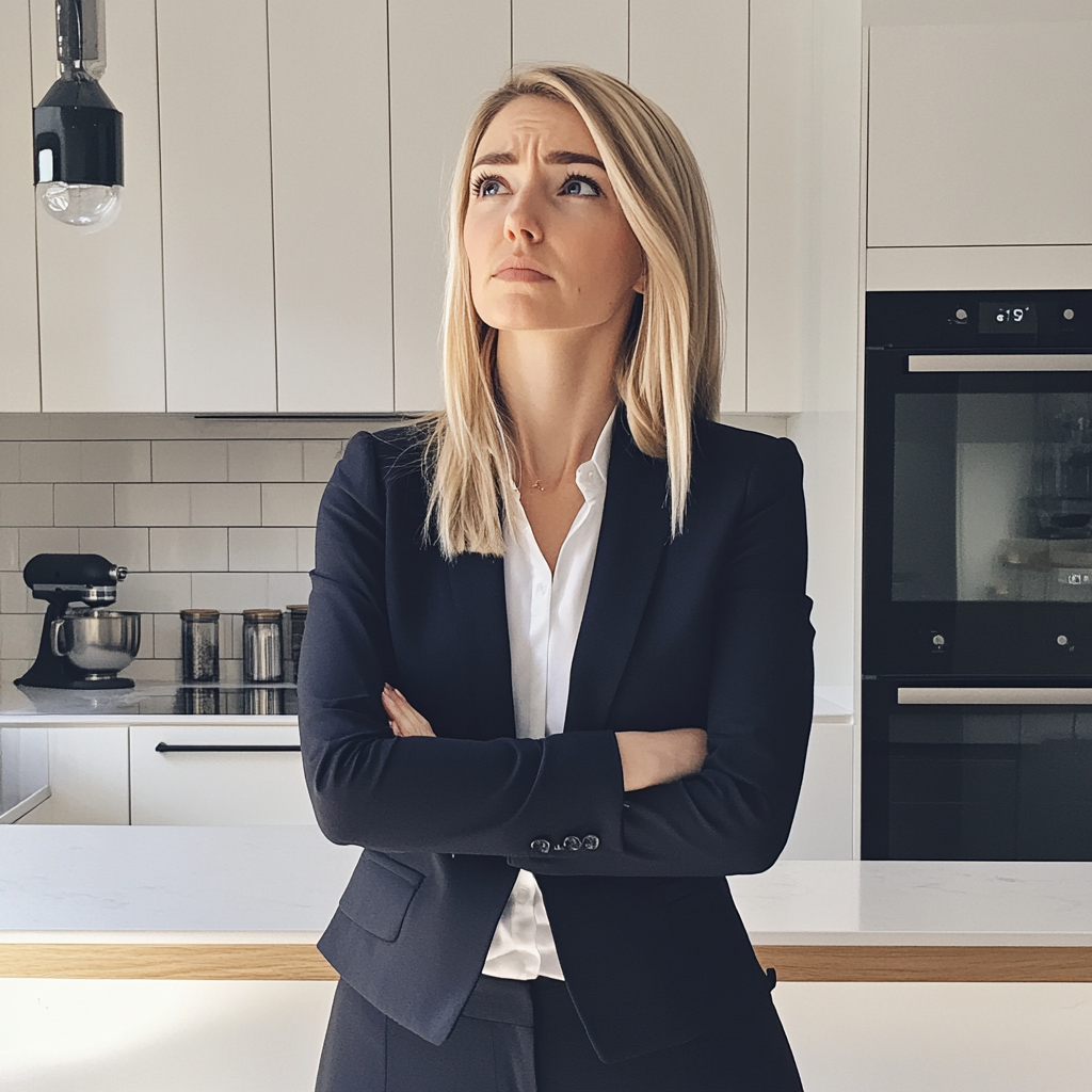 An upset woman standing in a kitchen | Source: Midjourney