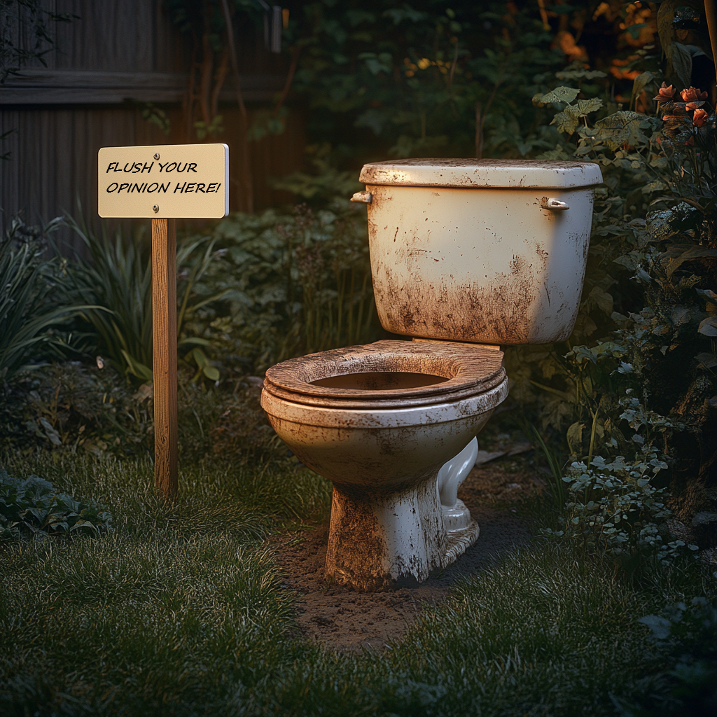 A toilet with a sign installed on the lawn | Source: Midjourney