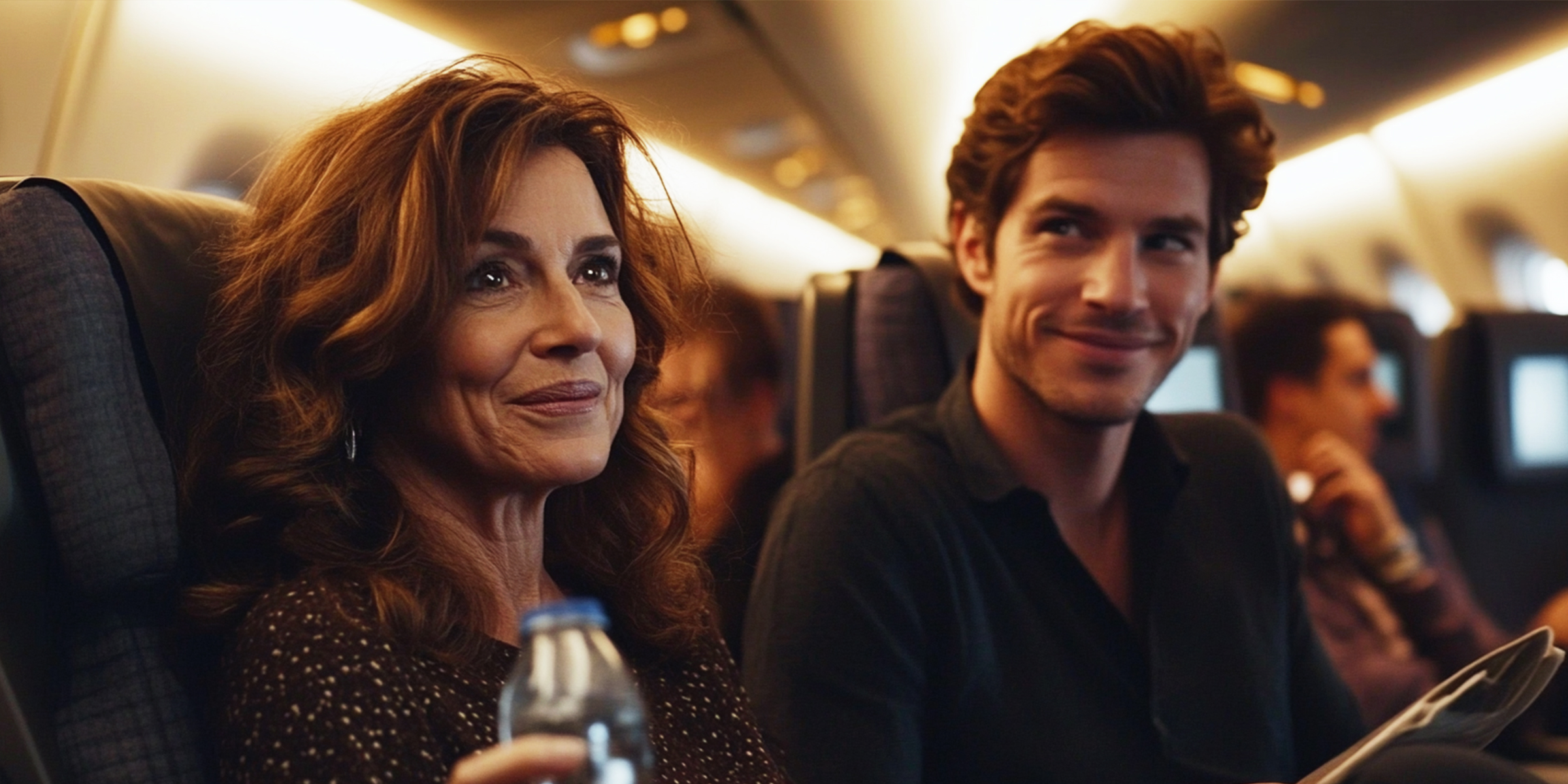 Couple talking during a flight | Source: Midjourney