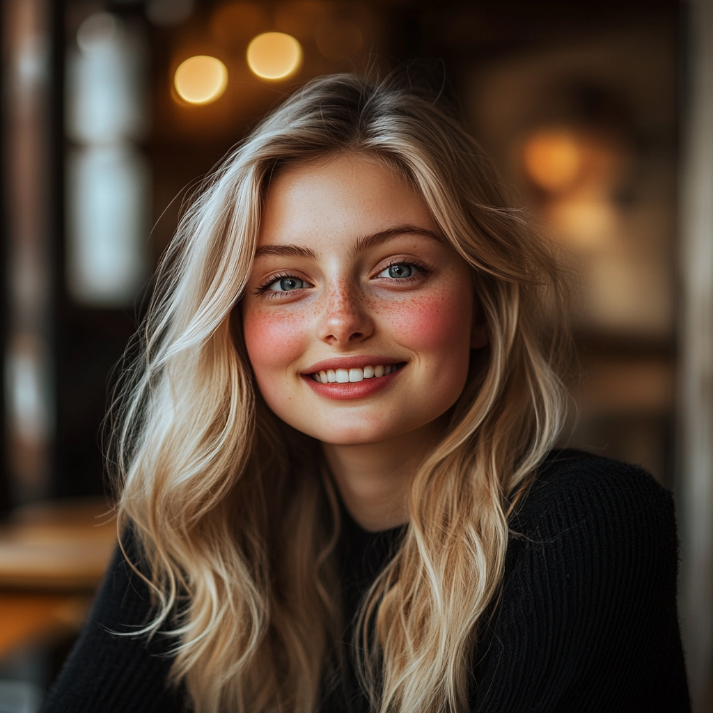 A closeup shot of a smiling young woman in a café | Source: Midjourney