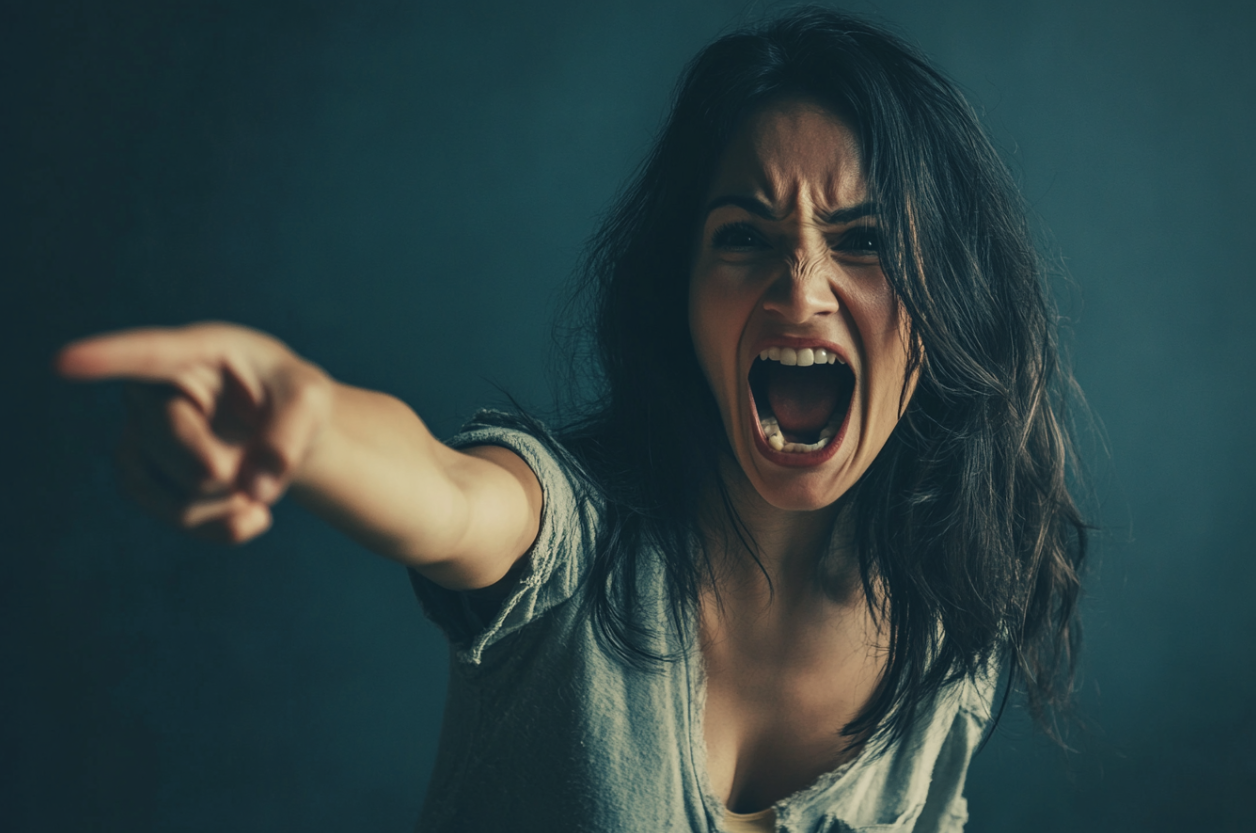 A furious woman yelling and pointing | Source: Midjourney