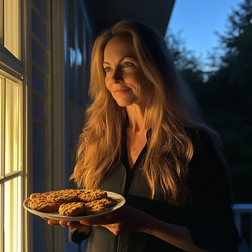 Una mujer sosteniendo un plato de galletas | Fuente: Midjourney