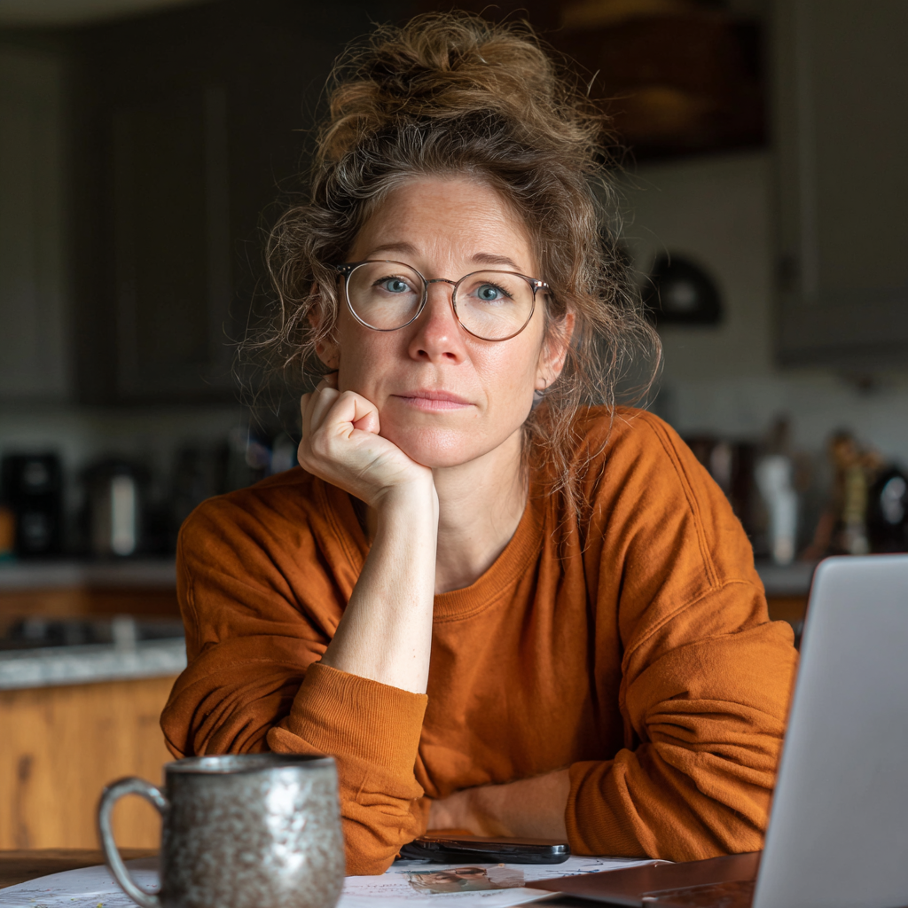 A pensive woman sitting at a kitchen table | Source: Midjourney