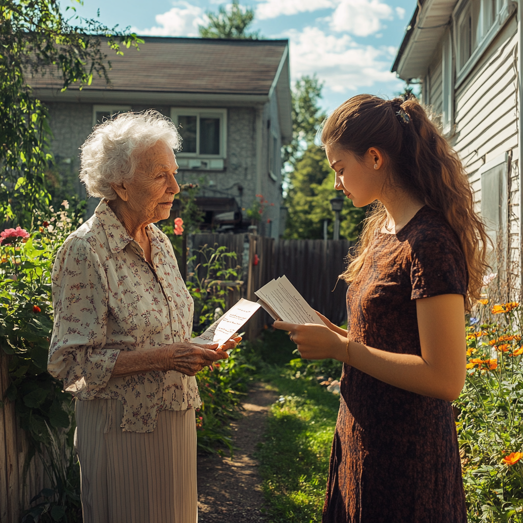 Two women talking with letters in their hands | Source: Midjourney