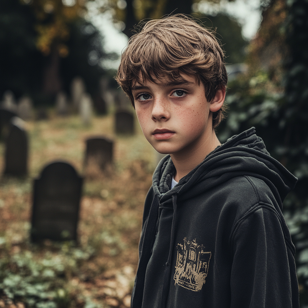 A teenage boy at a cemetery | Source: Midjourney