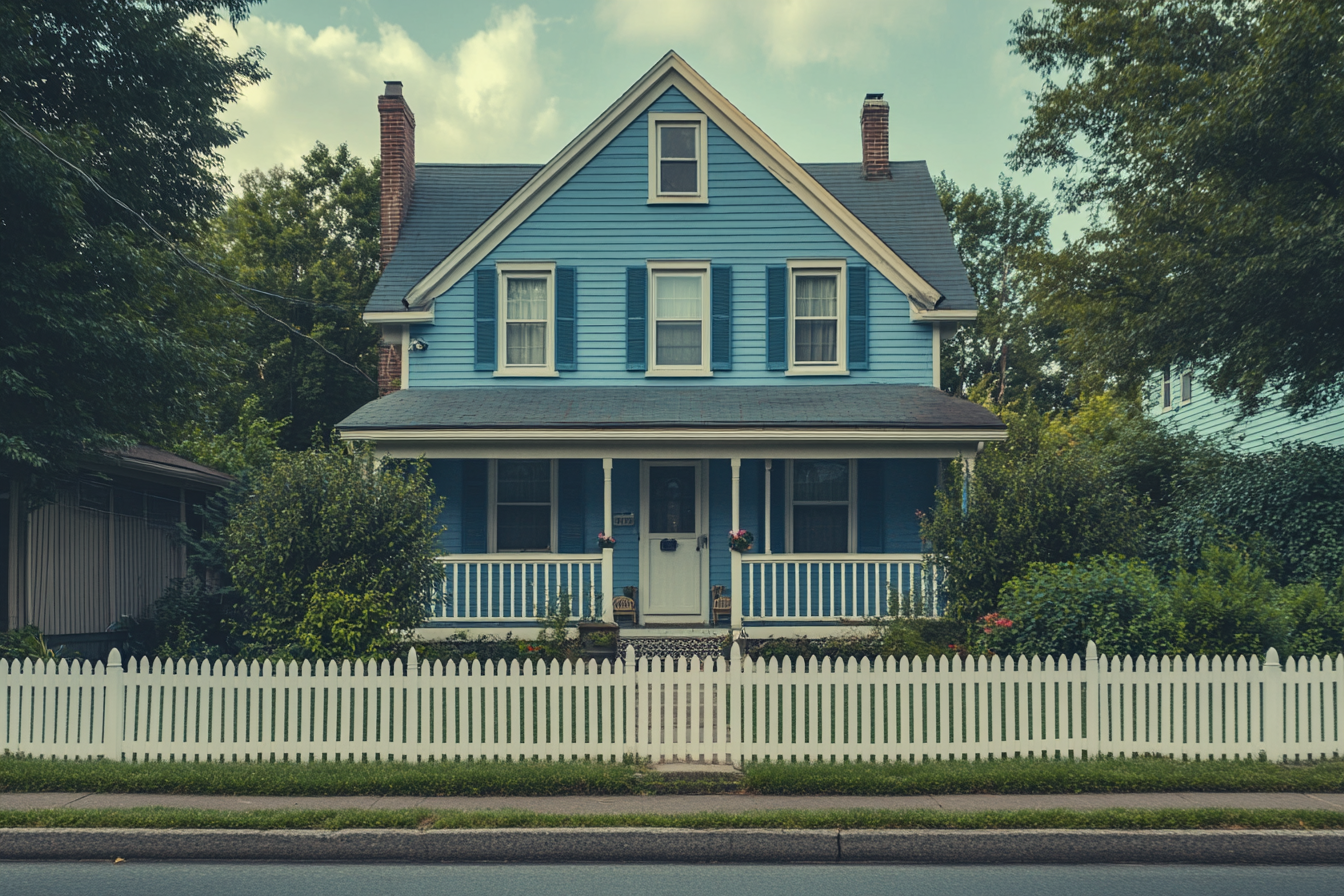 A blue two-story house with a white picket fence | Source: Midjourney