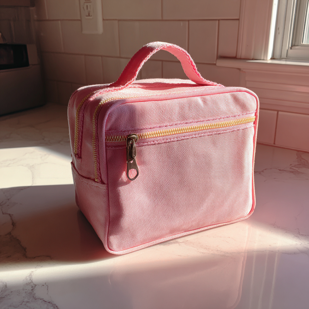 A pink lunch bag on a kitchen counter | Source: Midjourney